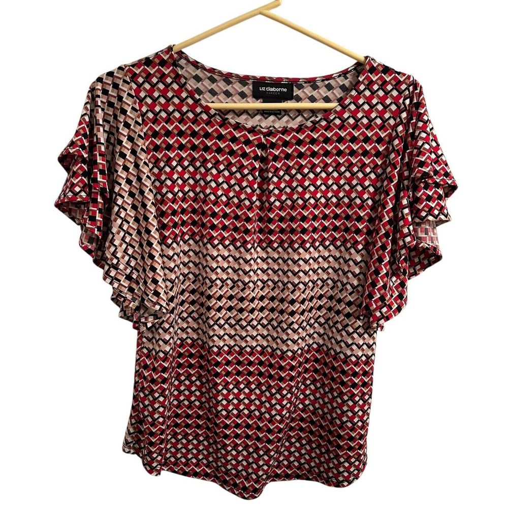 Liz Claiborne Career Blouse Short Butterfly Tiered Sleeves Womens S Multicolor